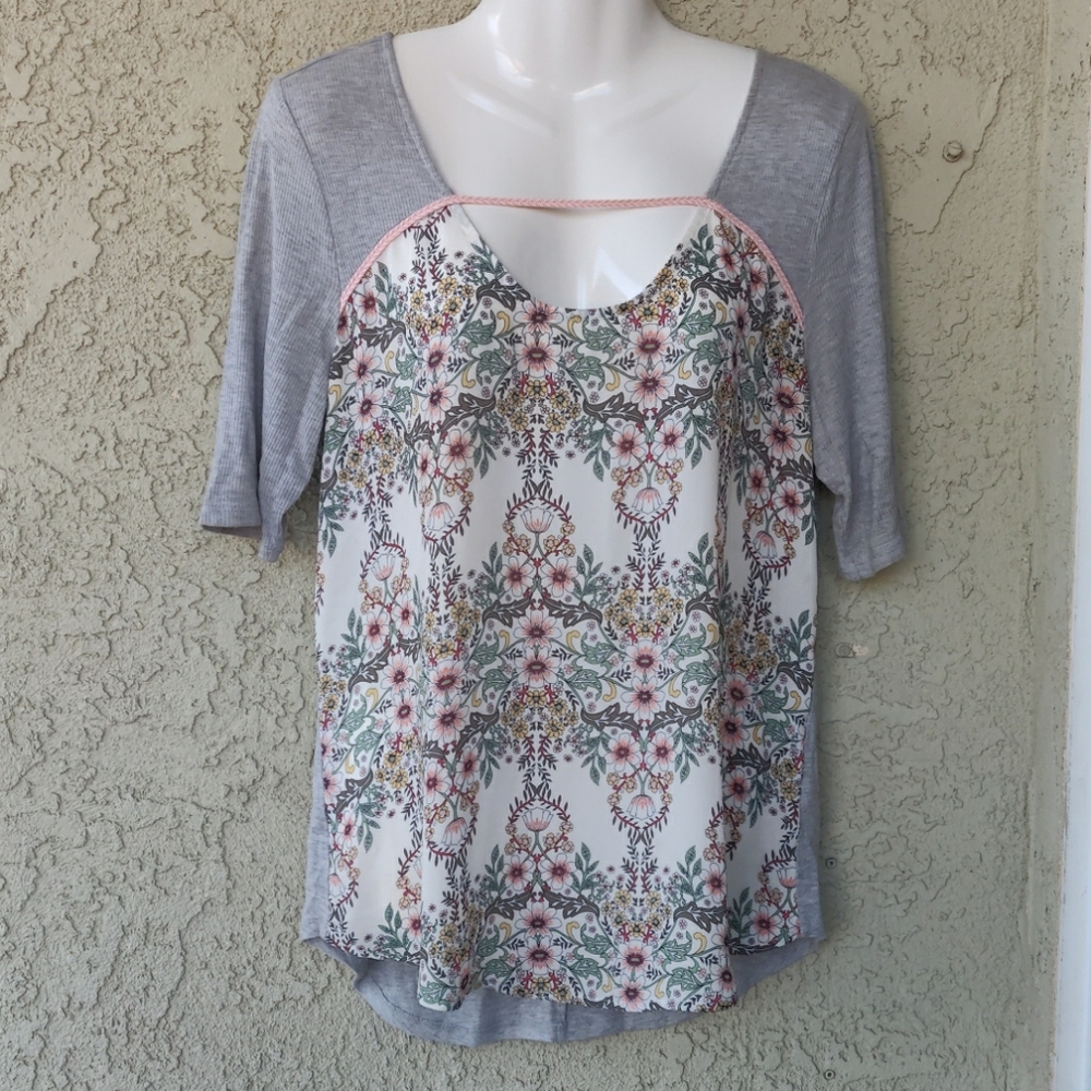 Maurices floral chiffon front gray trim blouse top